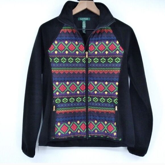 LRL Lauren Ralph Lauren Full Zip Jacket Fleece Aztec Southwest black Medium S - Picture 1 of 4